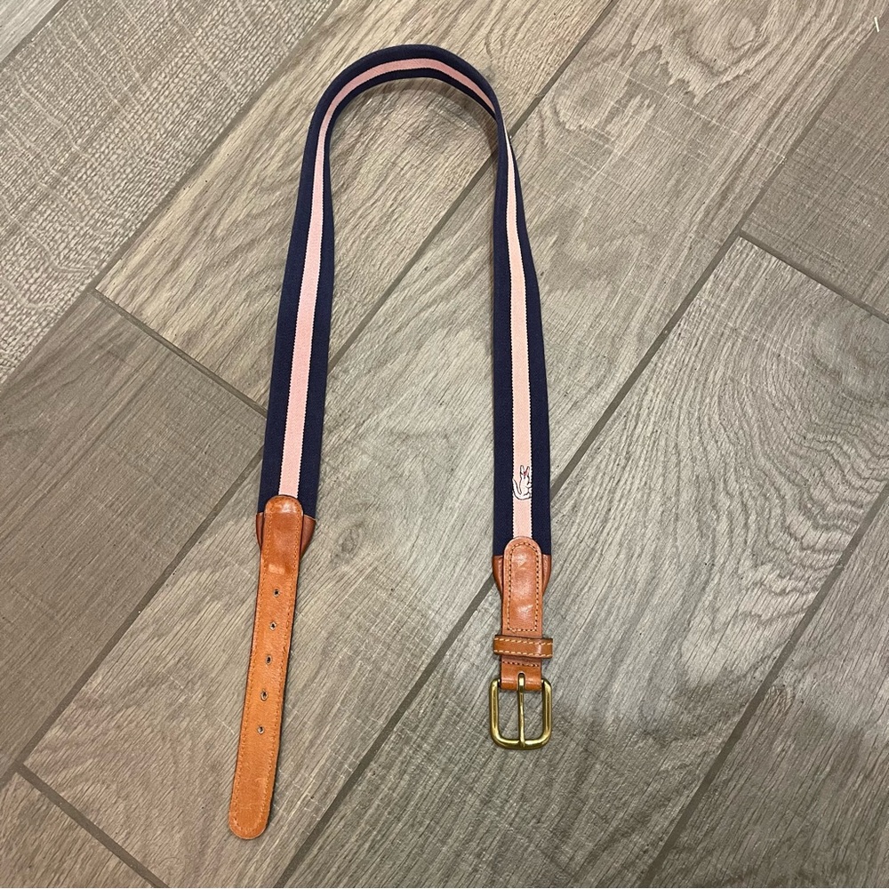Vintage Lacoste Alligator Navy Blue and Pink Stripe Elastic Leather Belt